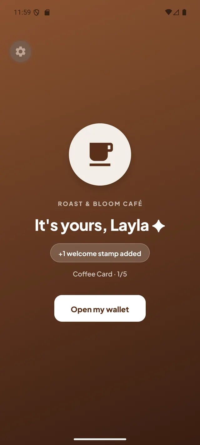 The confirmation screen reading It's yours, Layla, with a plus one welcome stamp added