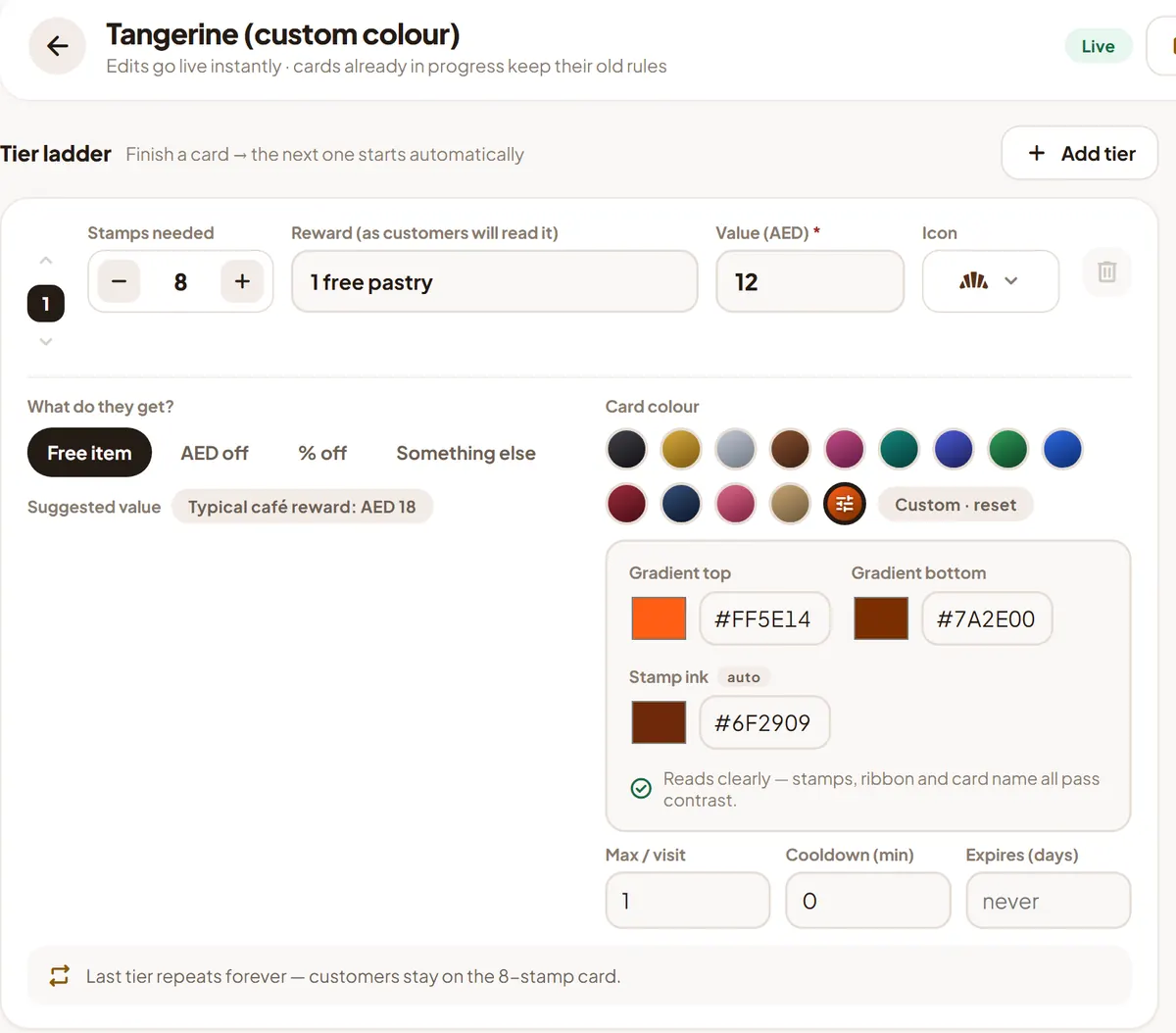 The plan builder, showing the tier ladder, the card colour picker with custom gradient values, and a contrast check confirming the card reads clearly