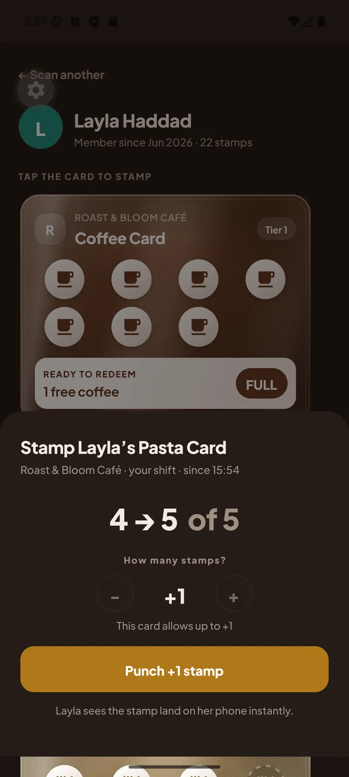 The staff confirmation sheet reading Stamp Layla's Pasta Card, showing four arrow five of five and a Punch plus one stamp button