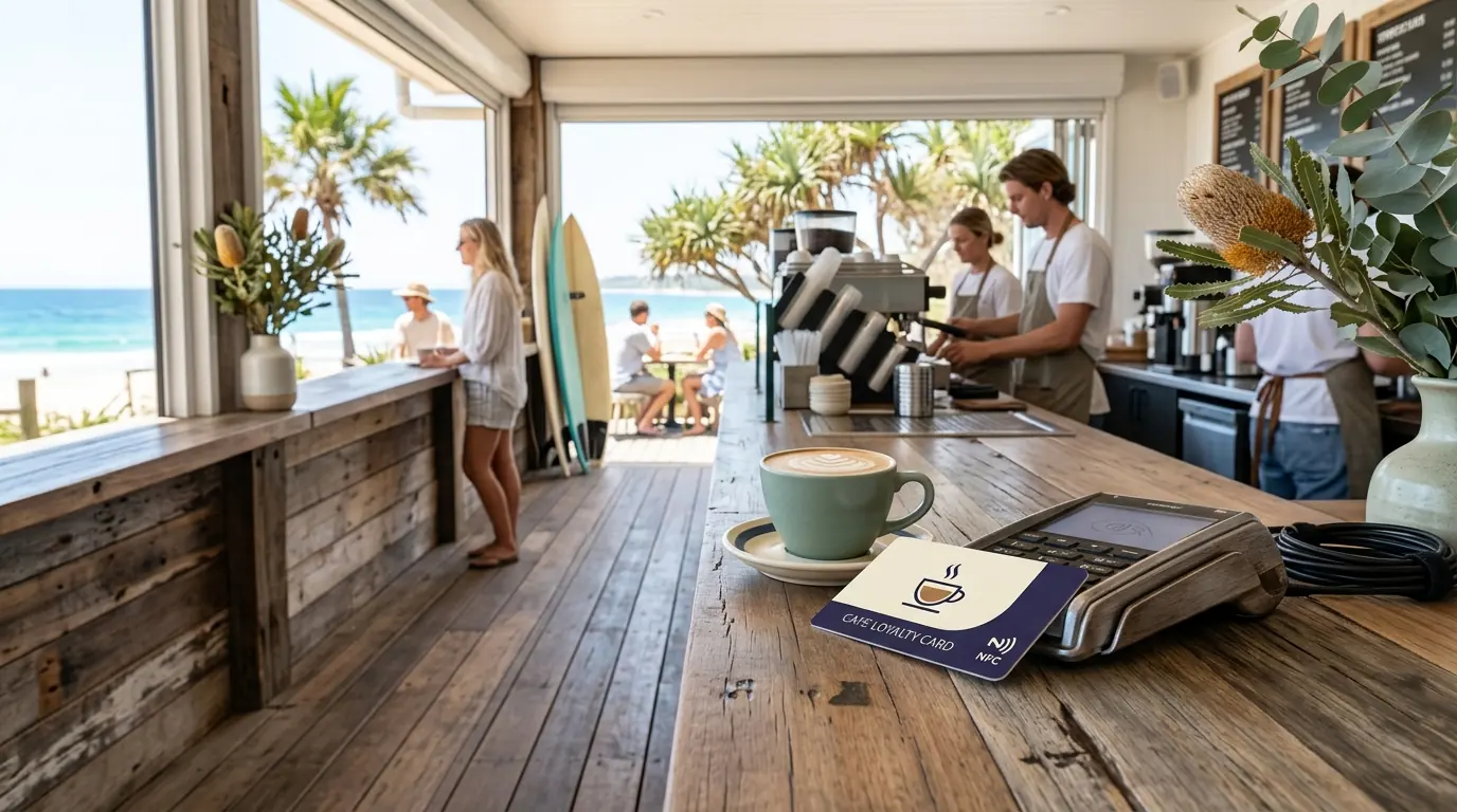 Illustration: a bright beachside café counter with a loyalty card beside a flat white