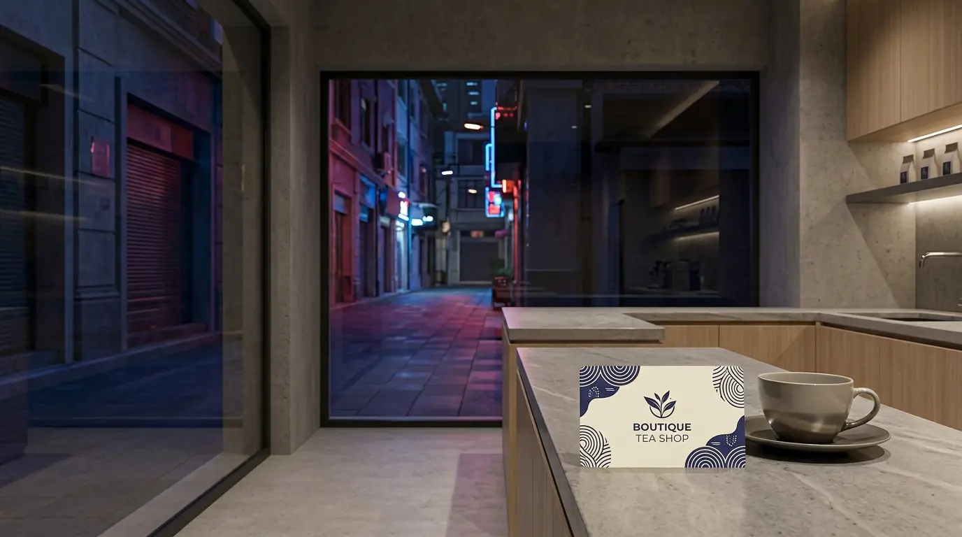 插图：夜晚的上海精品茶店，石台上放着一张会员卡和一杯茶