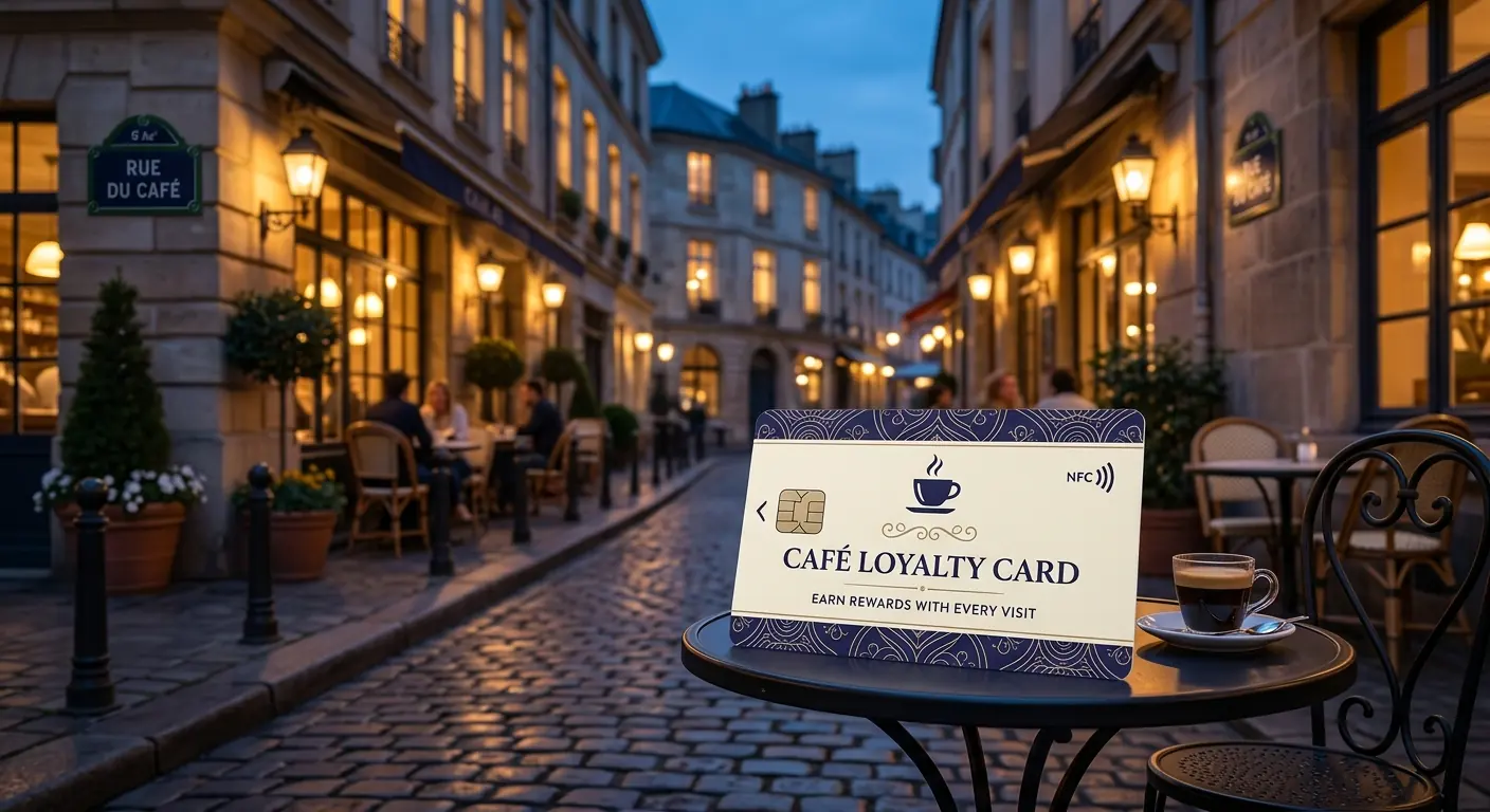 Illustration: a European café street at blue hour with a loyalty card on an outdoor table