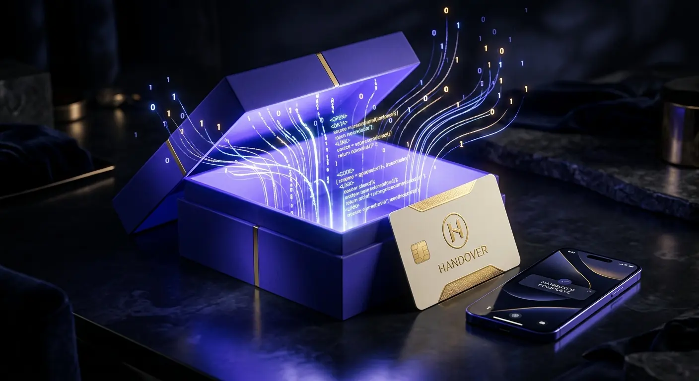 Illustration: an indigo box opening to reveal glowing lines of code, a key card and a phone