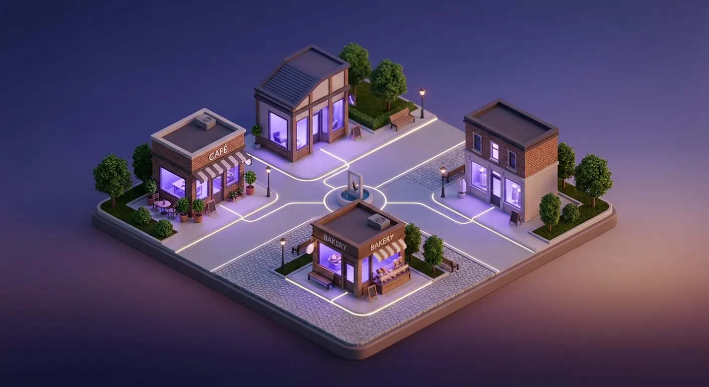 Illustration: a miniature city block with four shopfronts linked by lines of light