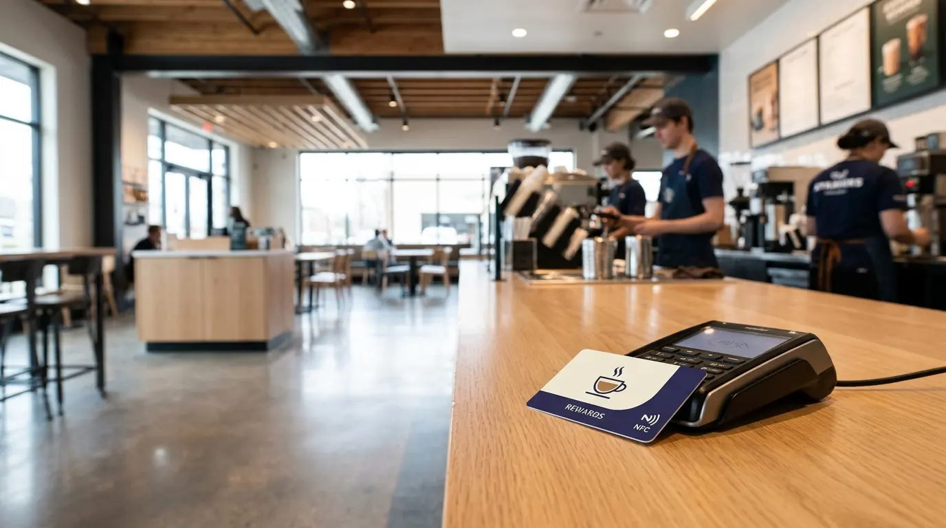 Illustration: a coffee shop counter with a loyalty card beside a card reader