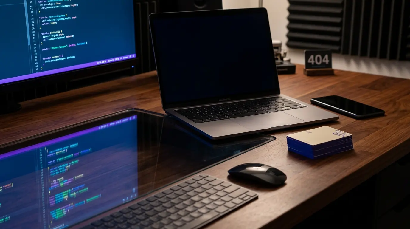 Illustration: a software studio desk with a laptop, a phone and a stack of NFC cards