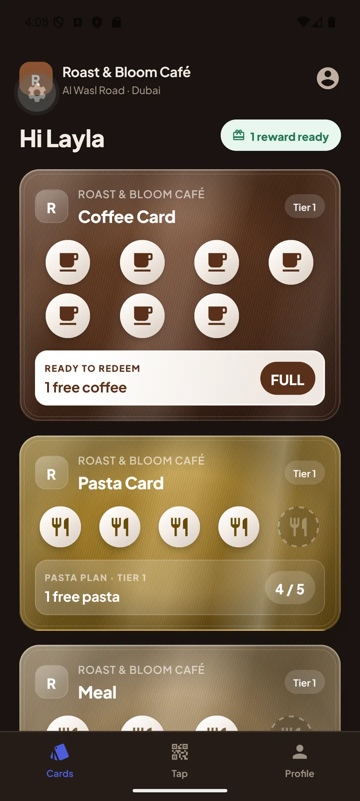 The Stamp Points customer wallet, showing a full coffee card marked ready to redeem and a part-filled pasta card